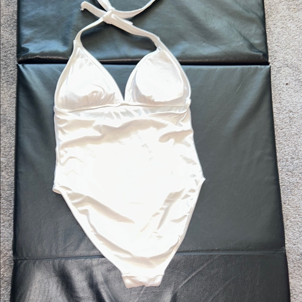 Beautiful White Halter One-Piece Swimsuit with Embellishments- Size 8 WORN ONCE - Picture 4 of 6